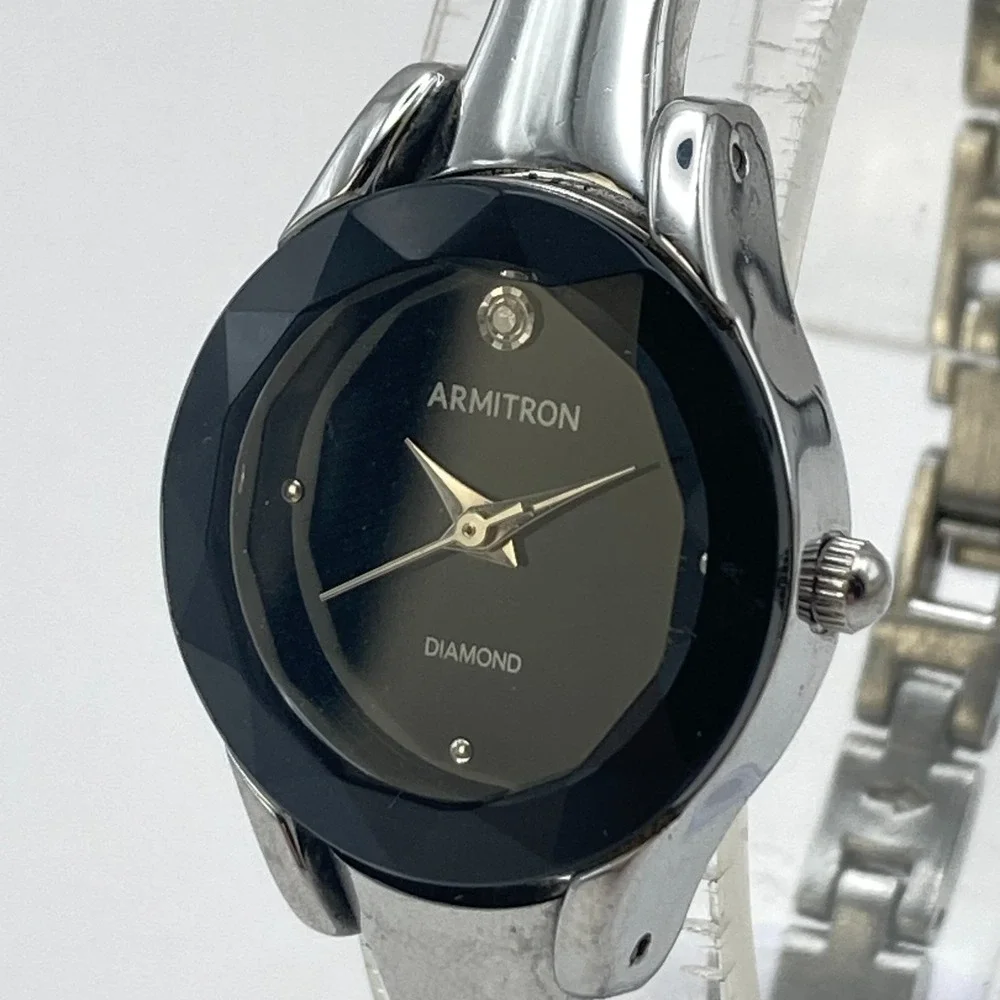Armitron Diamond Women's Watch Silver Tone 23mm Black Faceted New Battery 6.25